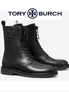 Tory Burch DOUBLE T COMBAT BOOT Black Leather Lace-Up Ankle Boots